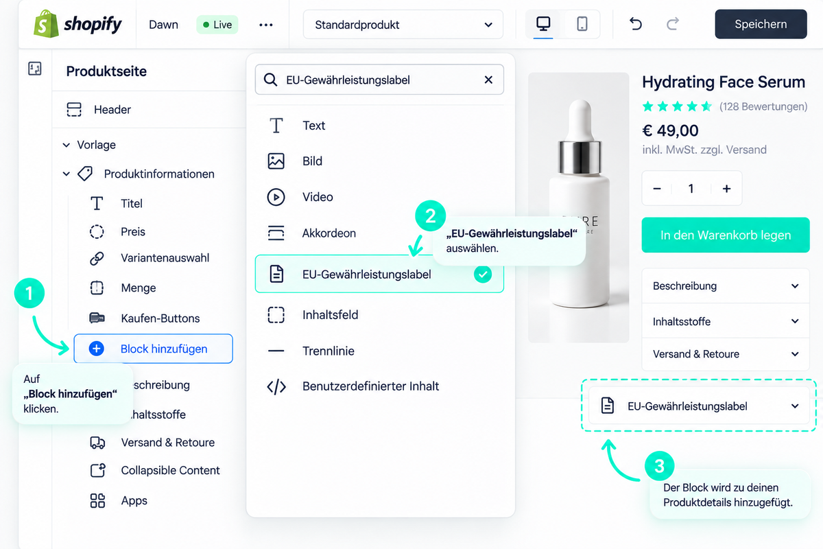 Shopify Block: EU-Gewährleistungslabel als Block in der Shopify-Produktseite